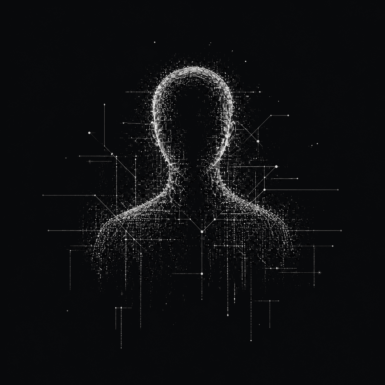 Anonymous human silhouette assembled from particles, graph nodes, and provenance traces