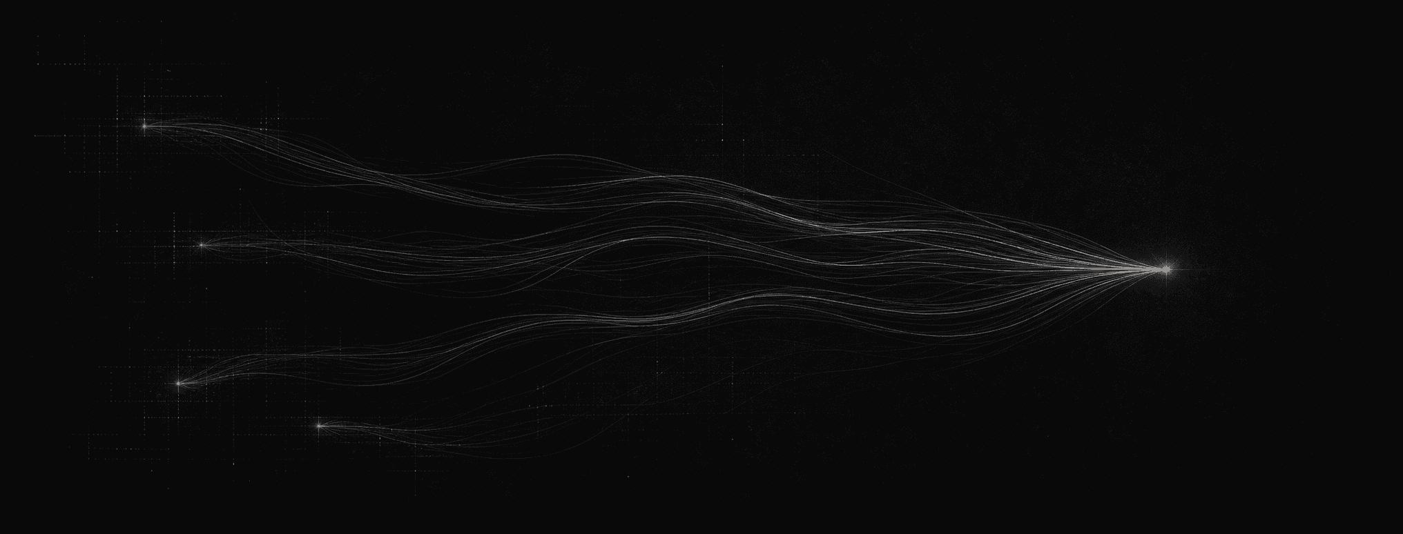 Fine provenance lines converging from source records into one canonical contact